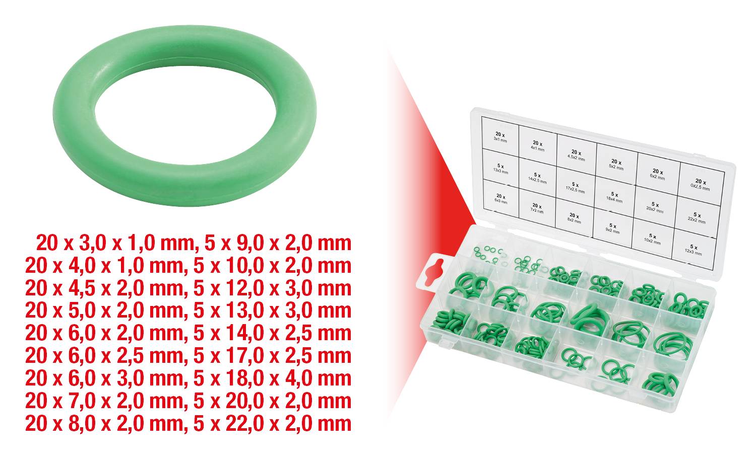 Grüner O-Ring und Sortimentsbox mit verschiedenen O-Ringen in mehreren Größen, aufgelistet in rotem Text: 20 x 3,0 mm bis 5 x 22,0 mm.