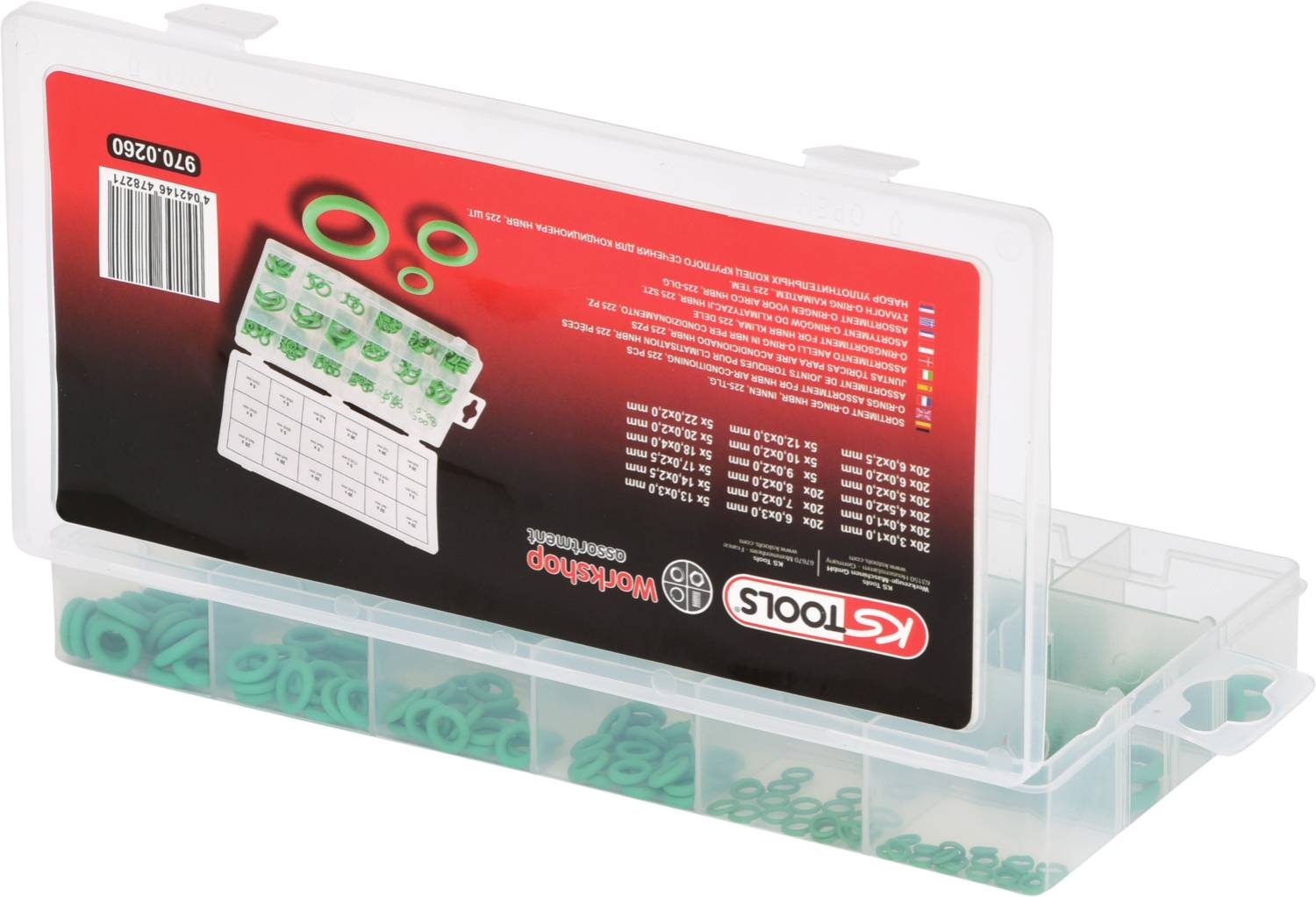 Eine geöffnete Plastikbox mit grünen O-Ringen in verschiedenen Fächern. Der Deckel zeigt ein Etikett mit der Marke 'KS Tools'.
