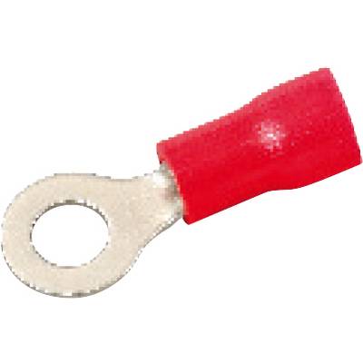 Roter Kabelschuh mit rundem Metallring am Ende, häufig in der Elektrotechnik verwendet, um Kabel sicher zu befestigen.