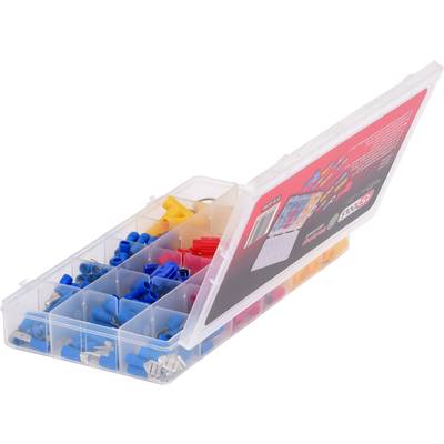 Ein offener Kunststoffbehälter mit Fächern, gefüllt mit blauen, roten und gelben Kabelverbindern.