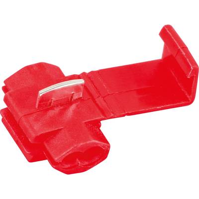 Roter Kabelverbinder mit Metallklemme, zum einfachen Verbinden von elektrischen Leitungen, Nahaufnahme.