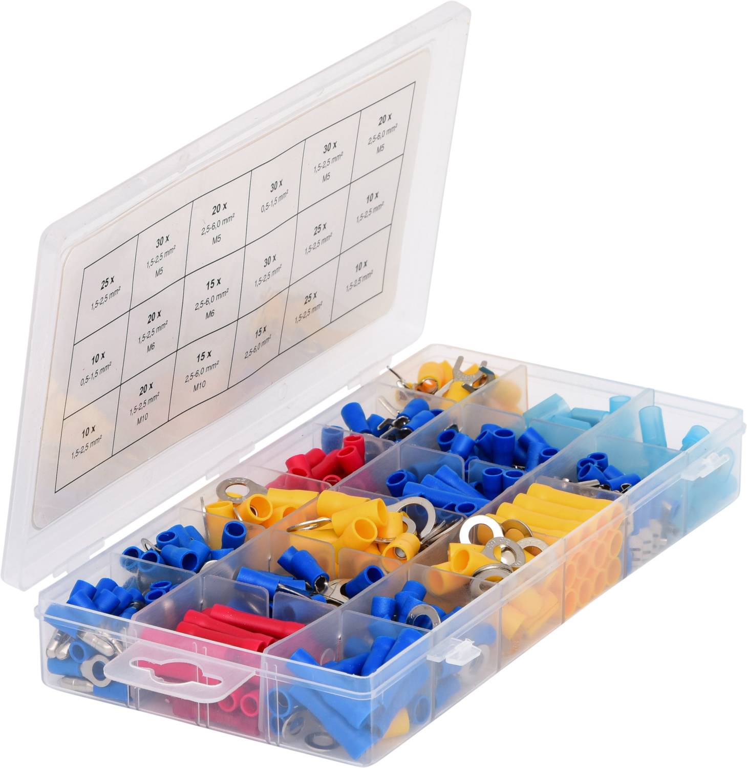 Ein offener Plastikorganizer mit verschiedenen farbigen Kabelschuhen in Fächern, darunter rote, blaue und gelbe Verbinder.