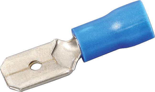 Ein blauer Kabelschuh mit Metallschneide, häufig in elektrischen Verbindungen verwendet.