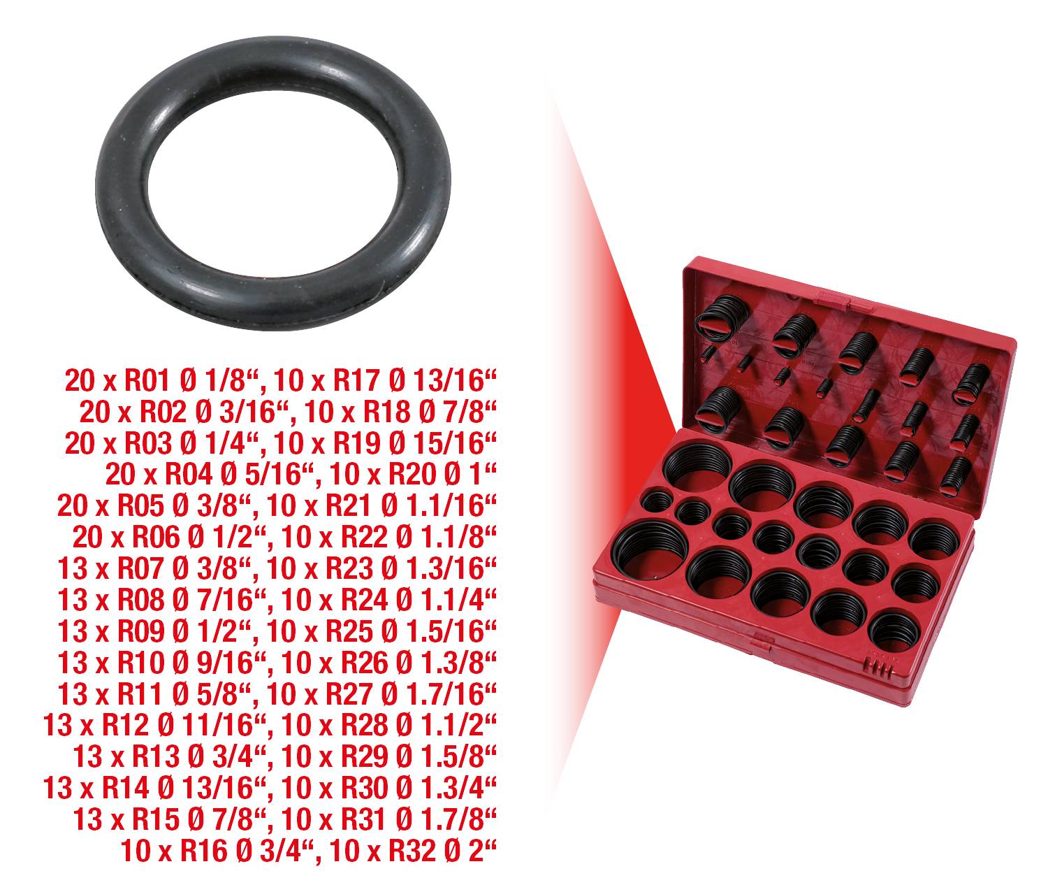 Ein Set von O-Ringen in verschiedenen Größen in einer roten Box. Links sind die Maße der Ringe in einer Liste aufgeführt.