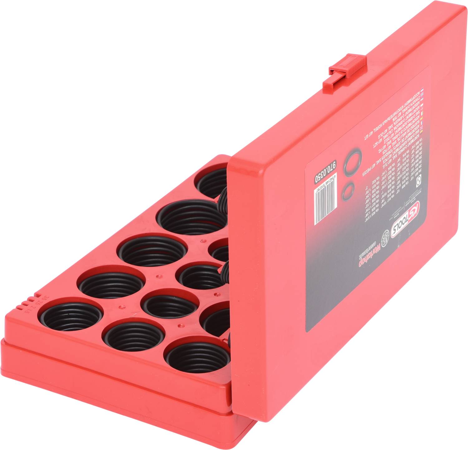 Rotes Etui mit offenen Fächern, die verschiedene Größen von schwarzen O-Ringen enthalten. Deckel ist geöffnet und zeigt Label mit Details.