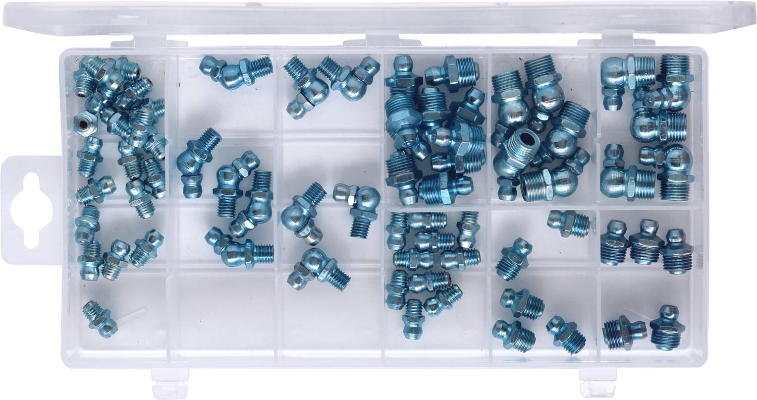 Eine Kunststoffbox mit mehreren Fächern, die verschiedene blaue Schmiernippel in unterschiedlichen Größen enthält.