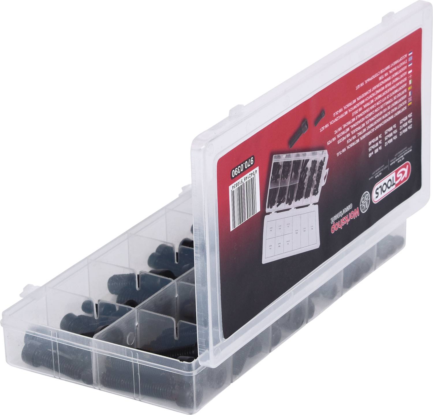 Eine geöffnete Plastikbox mit mehreren Fächern, gefüllt mit schwarzen Bauteilen. Ein Etikett auf dem Deckel zeigt Produktinformationen.