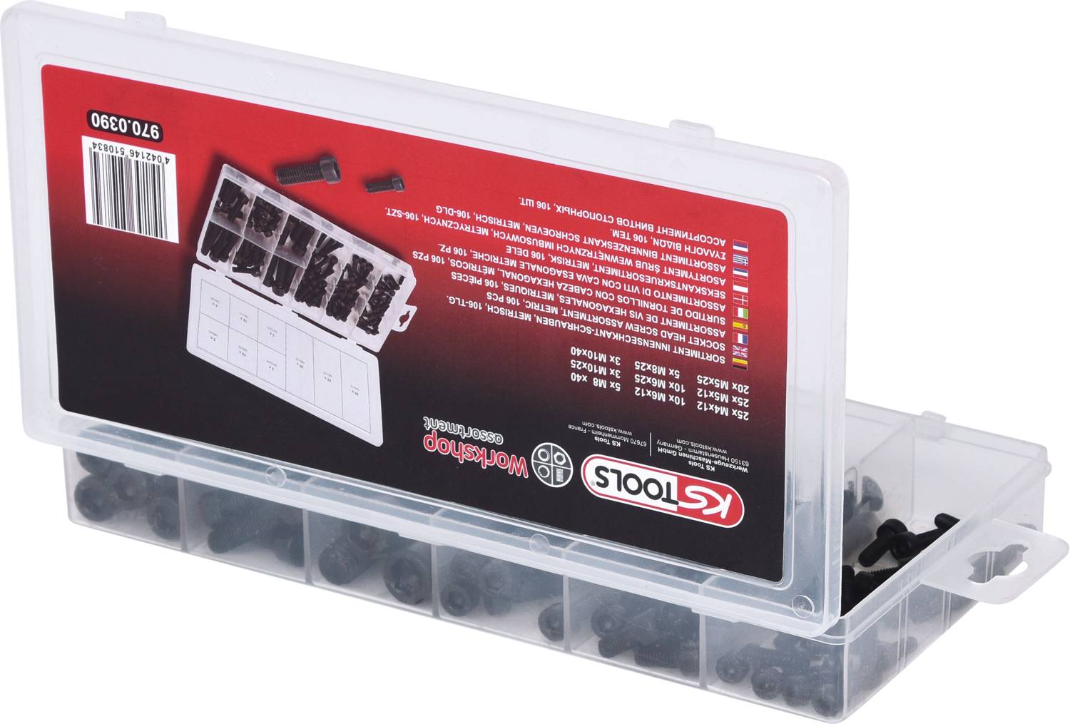 Eine transparente Plastikbox mit mehreren Fächern, die verschiedene schwarze Schrauben enthält. Das Etikett zeigt 'Kstools'.