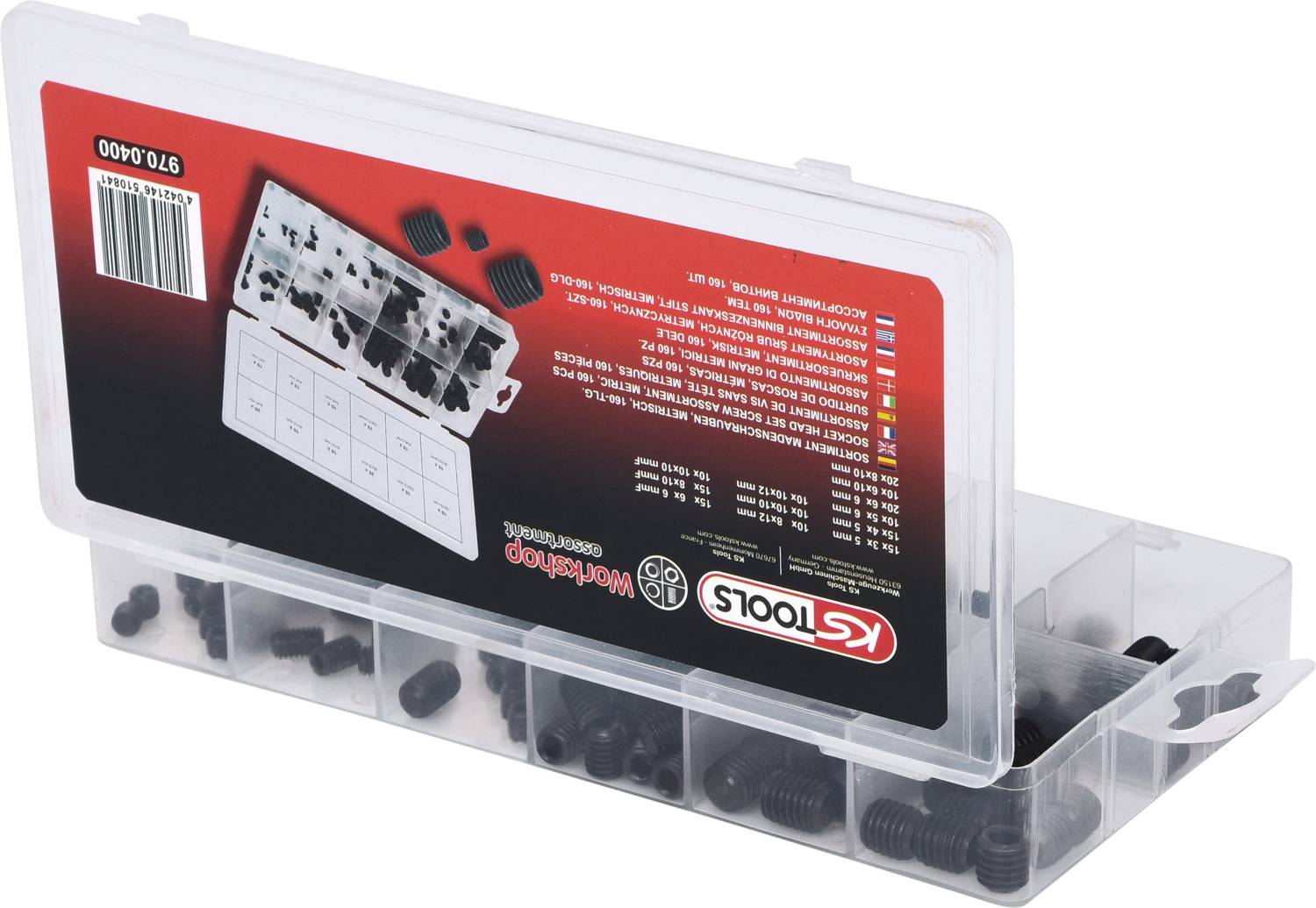 Kunststoffbox mit einer Vielzahl von schwarzen Schrauben unterschiedlicher Größe.