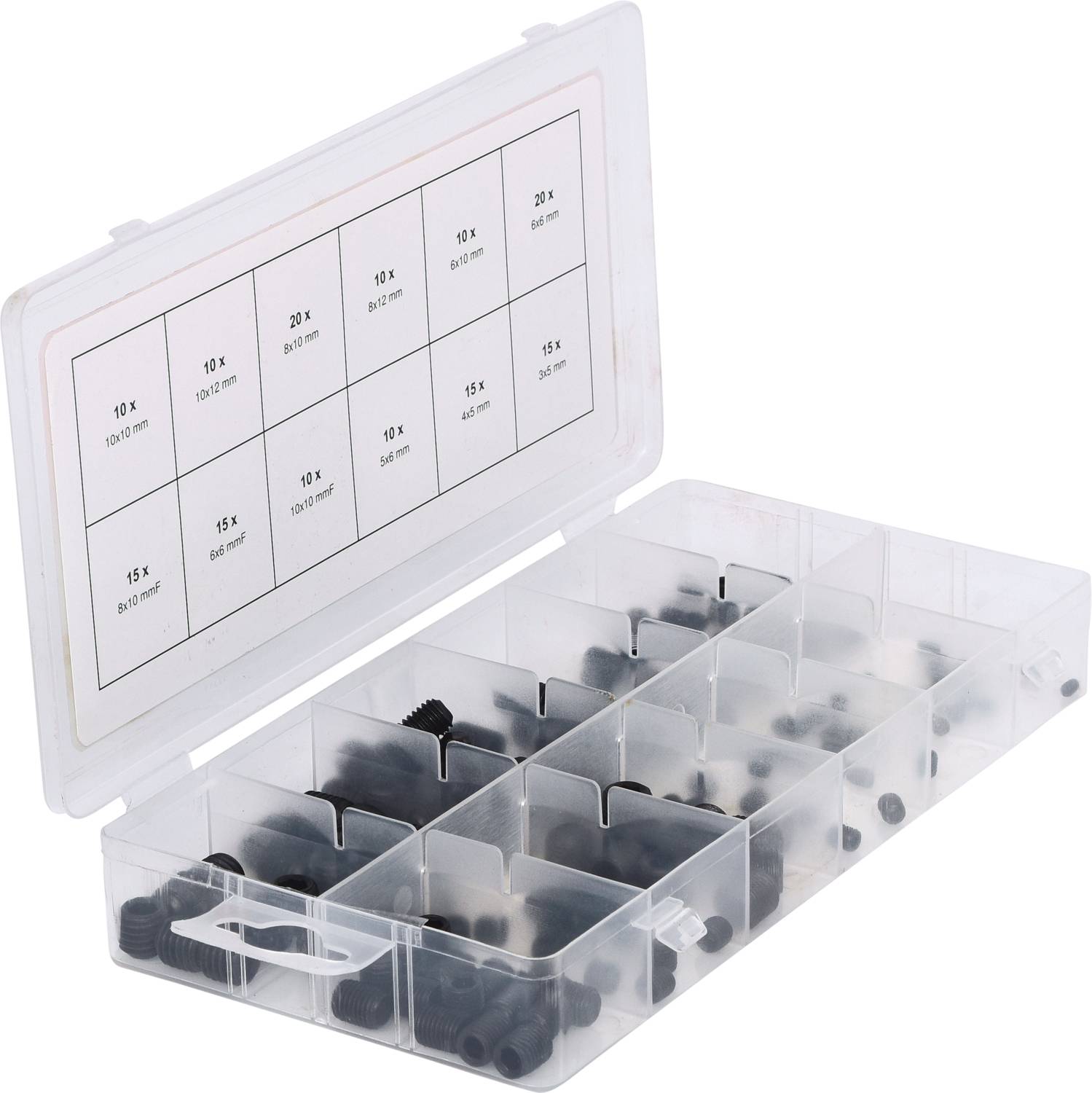 Transparente Kunststoffbox mit 18 Fächern, die verschiedene schwarze Schrauben in unterschiedlichen Größen enthält. Ein Etikett oben listet die enthaltenen Mengen und Größen auf.