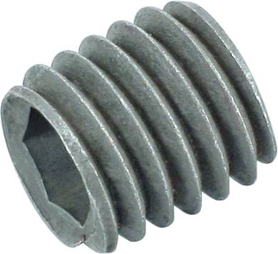 Ein silberfarbener Innensechskant-Schraubstift mit abgestuftem Gewinde zur Befestigung in mechanischen Vorrichtungen.