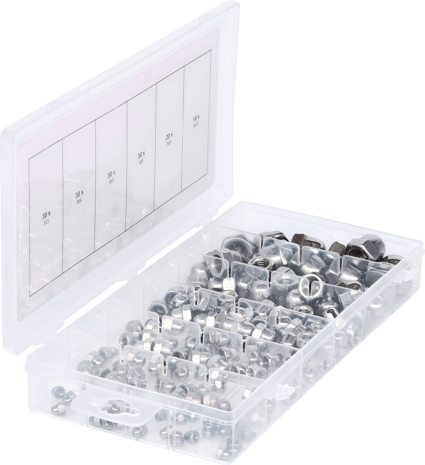 Klarsichtbox mit verschiedenen Schrauben, Muttern und Unterlegscheiben in getrennten Fächern, einzelne Größen sind beschriftet.