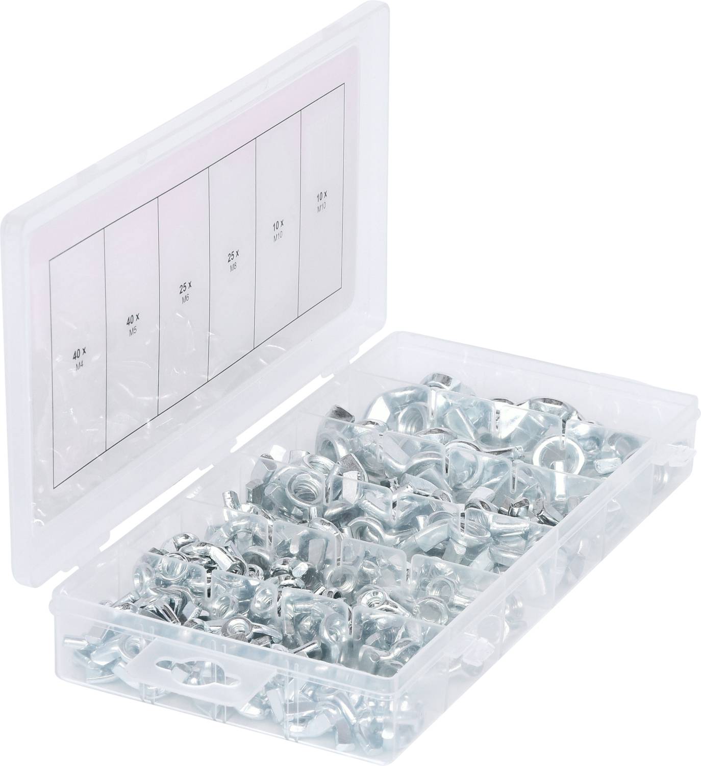 Eine geöffnete Plastikbox mit verschiedenen Flügelmuttern in mehreren Fächern.