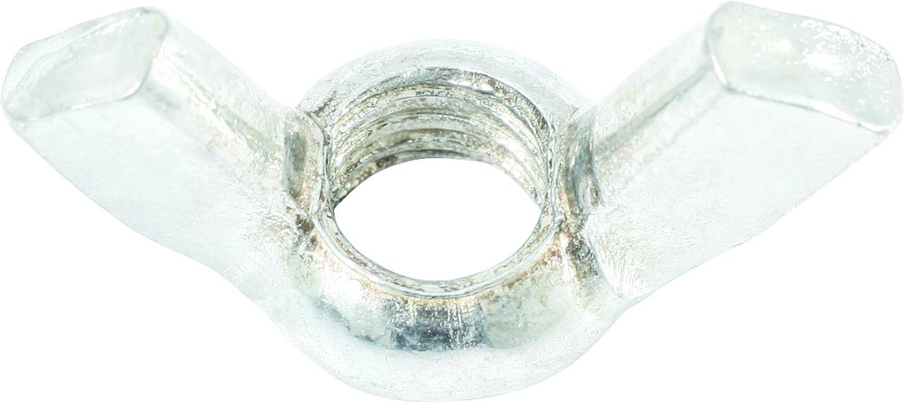 'Eine silberne Flügelmutter aus Metall, die oft zum Befestigen von Teilen, wie bei Möbeln oder Maschinen, verwendet wird.'