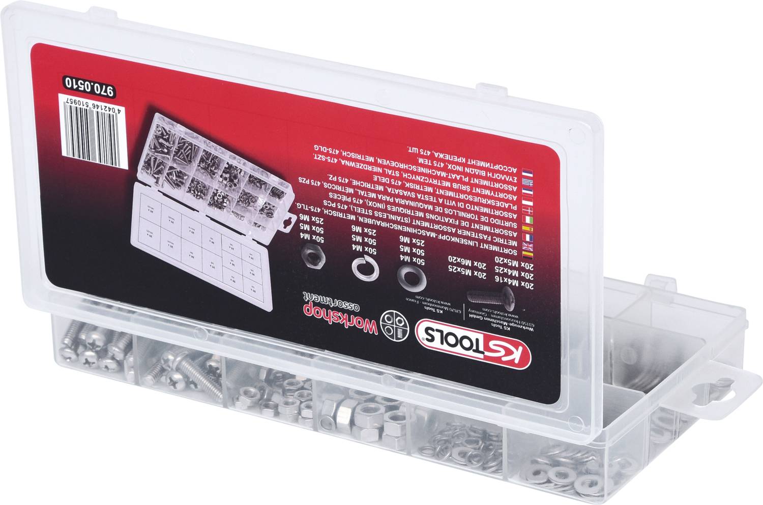 Transparente Plastikbox mit verschiedenen Muttern, Schrauben und Unterlegscheiben in Fächern. Etikett oben mit Produktdetails.