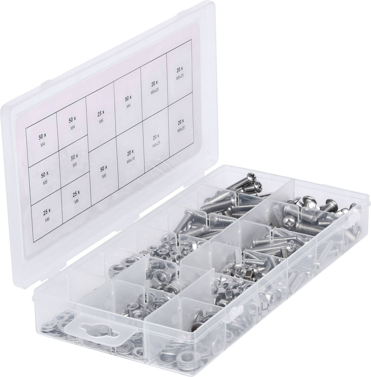 Eine transparente Box mit Fächern, gefüllt mit verschiedenen Schrauben, Muttern und Unterlegscheiben aus Metall. Tabelle im Deckel zeigt Stückzahlen.