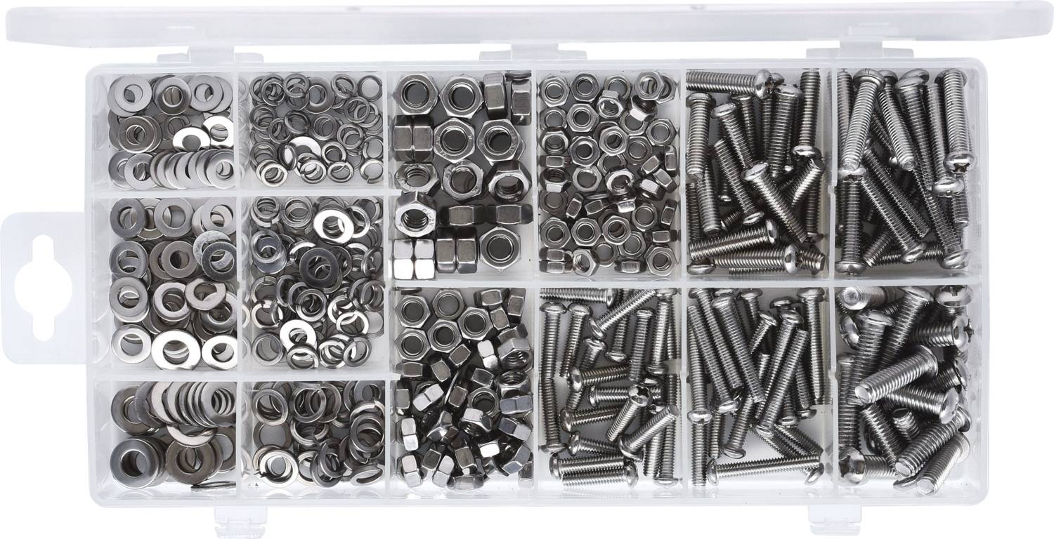 Plastikbox mit verschiedenen Schrauben, Muttern und Unterlegscheiben in separaten Fächern. Ideal für Heimwerkerprojekte.
