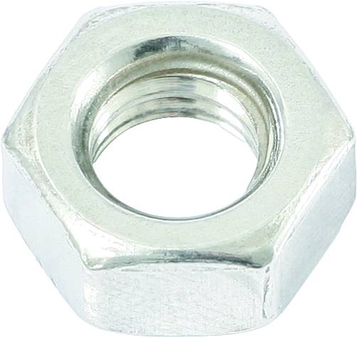 Sechskantmutter aus Metall, silbern glänzend, mit Innengewinde. Hauptbestandteil von Schraubverbindungen in Maschinenbau und Bauwesen.