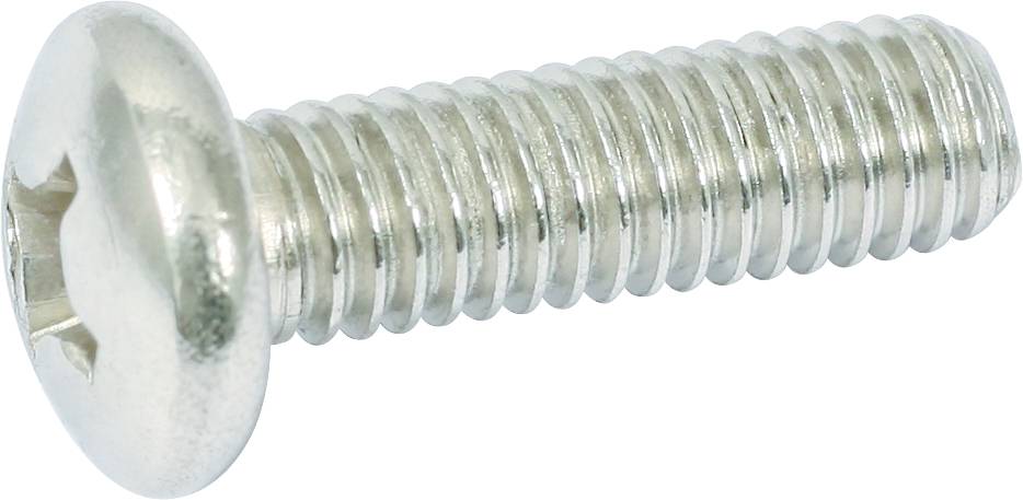 Eine silberne Metallschraube mit flachem, rundem Kopf und Kreuzschlitz.