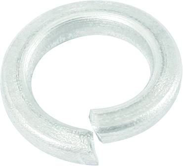 Eine silberne Federscheibe aus Metall mit einer spiralförmigen Öffnung, die zur Befestigung von Schrauben und Muttern verwendet wird.