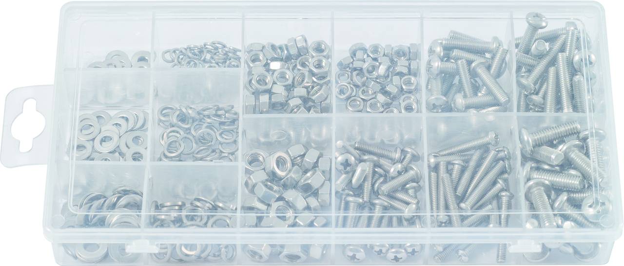 'Plastikkasten mit verschiedenen Fächern, gefüllt mit silbernen Schrauben, Muttern und Unterlegscheiben unterschiedlicher Größe.'