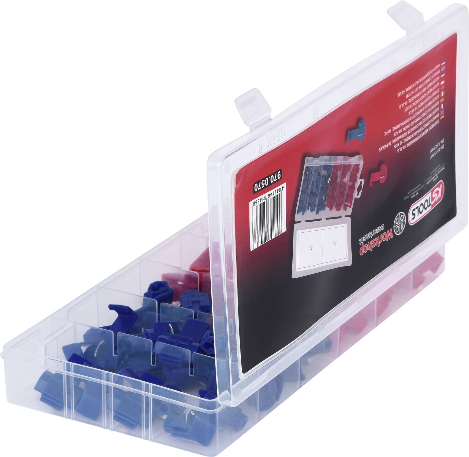 Eine transparente Plastikbox zeigt rote und blaue Kunststoffverbindungsstücke. Die Box ist teilweise geöffnet.