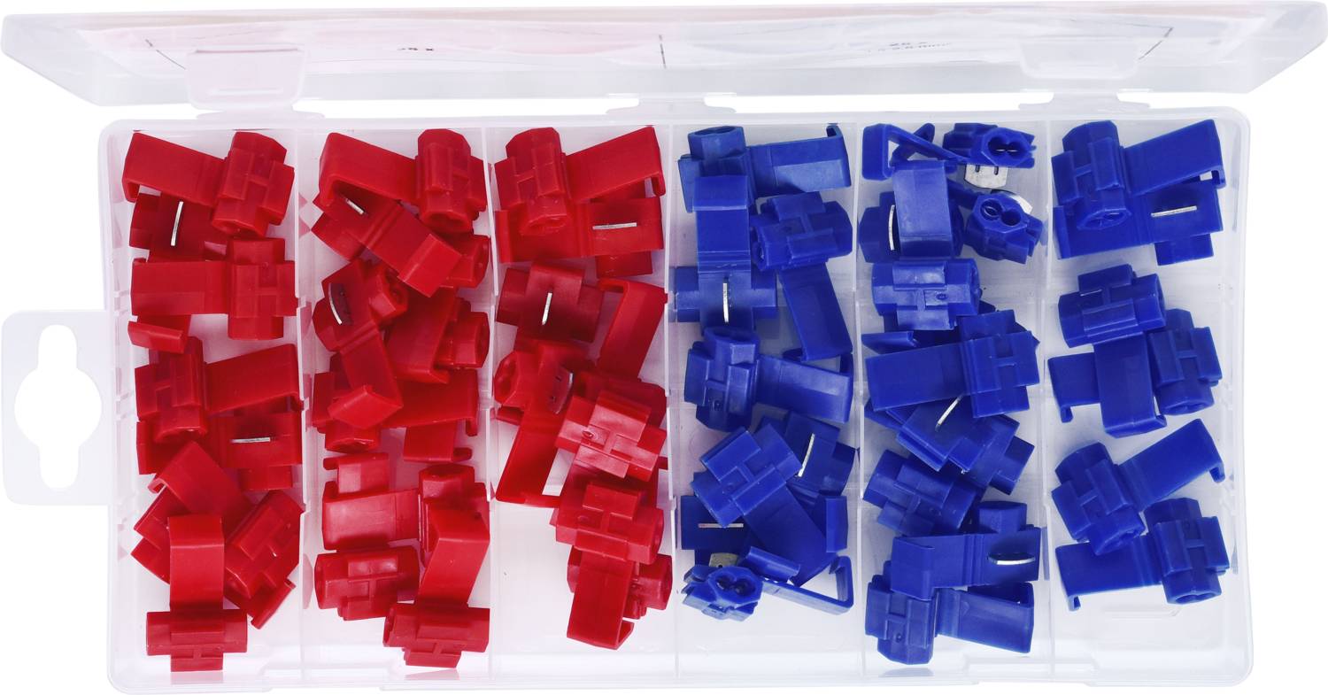 'Kunststoffklemmen in einem Organizer, aufgeteilt in rote und blaue Kategorien. Die roten sind links, die blauen rechts.'