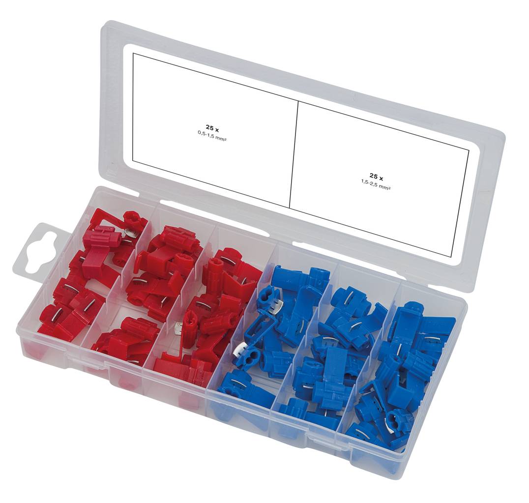 Geöffnete Kunststoffbox mit roten und blauen Quetschverbindern zur elektrischen Verkabelung. Zwei Fächer für jede Farbe sind sichtbar.