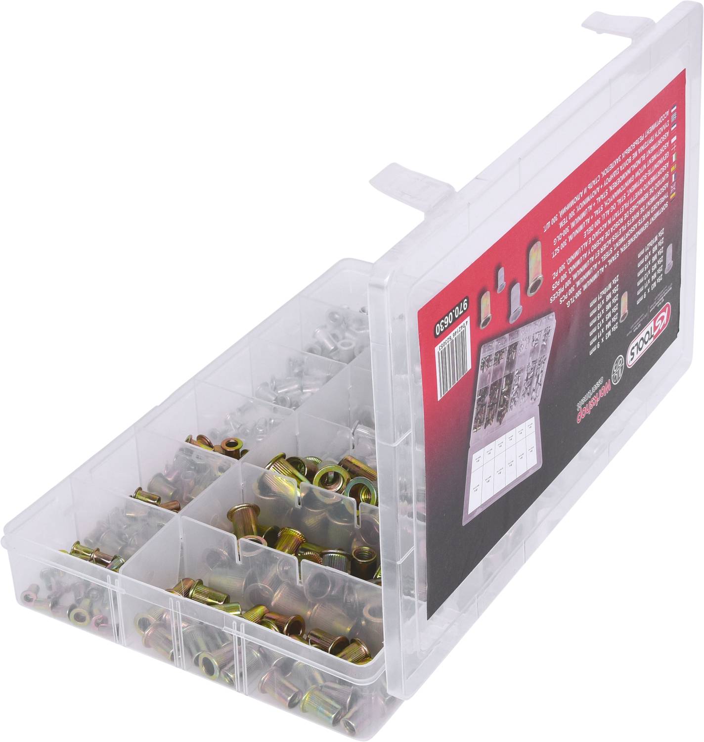 Eine geöffnete Kunststoffbox mit verschiedenen Metallbefestigungen in getrennten Fächern. Die Box hat ein Etikett mit Produktinformationen.