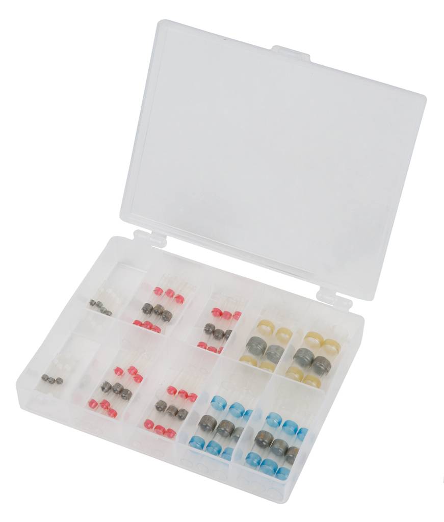 Eine offene Plastikbox mit mehreren Fächern, gefüllt mit unterschiedlich farbigen kleinen Metallringen.