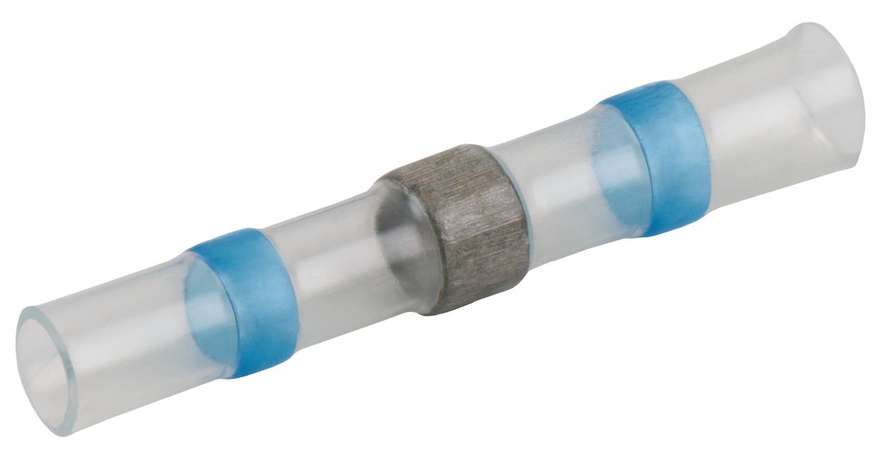 Ein transparenter Schrumpfverbinder mit blauen Dichtungsringen und einer metallischen Verbindung in der Mitte, zur Kabelverbindung.