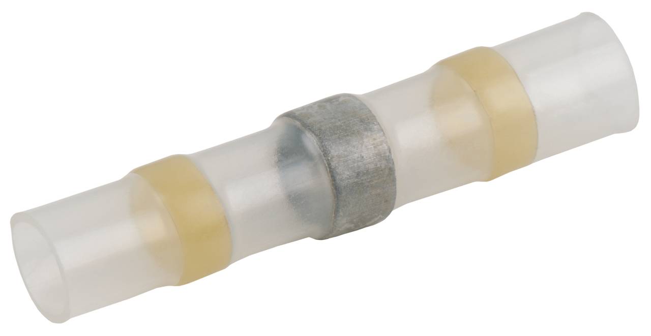 Ein transparent isolierter Schrumpfverbinder mit metallischem Verbindungselement in der Mitte, verwendet zum Verbinden von Kabeln.