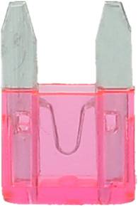 Ein pinkfarbener, durchsichtiger Sicherungsstecker mit zwei Metallzahnen, typisch für den Einsatz in elektronischen Geräten.
