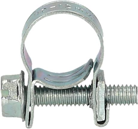 Metallschelle mit Schraube, geeignet zur Befestigung von Schläuchen oder Rohren, zeigt Detailansicht der Verschlussmechanik.