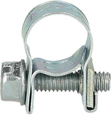 Metallische Schlauchschelle, bestehend aus einem Schraubgewinde und einer festziehbaren Bandverbindung; dient zur sicheren Befestigung von Schläuchen.
