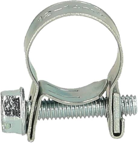 Eine Metallschlauchklemme mit Schraubenmechanismus, die zum Befestigen von Schläuchen an Rohren oder Anschlüssen verwendet wird.