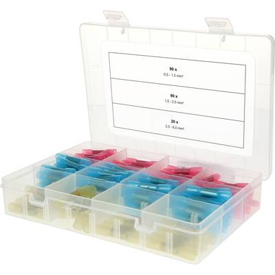 Transparente Kunststoffbox mit Fächern, gefüllt mit bunten Kabelschuhen. Ein Etikett zeigt Stückzahlen und Kabelgrößen von 0,5 bis 6 mm².