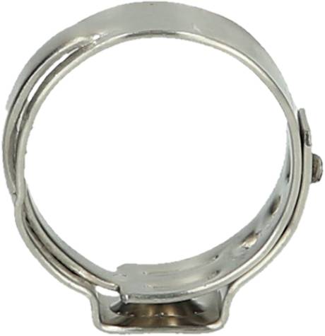 Eine silberne Metallschelle in Nahaufnahme, kreisförmig mit einem Schlitz an der Seite, häufig verwendet zur Befestigung von Schläuchen.