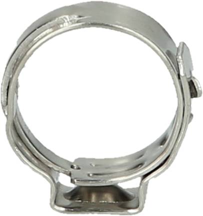 Metallische Schlauchschelle in Nahaufnahme, zeigt die kreisförmige Form und das Schließsystem auf der rechten Seite.