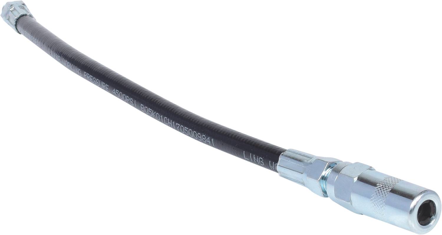 Flexibler Hochdruckschlauch mit Metallanschlüssen, geeignet für pneumatische Anwendungen und Druckluftsysteme.