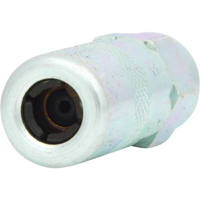 Ein metallischer Schnellverschluss für hydraulische Systeme, hauptsächlich zylindrisch, mit gerändelter Oberfläche und Innendichtung.