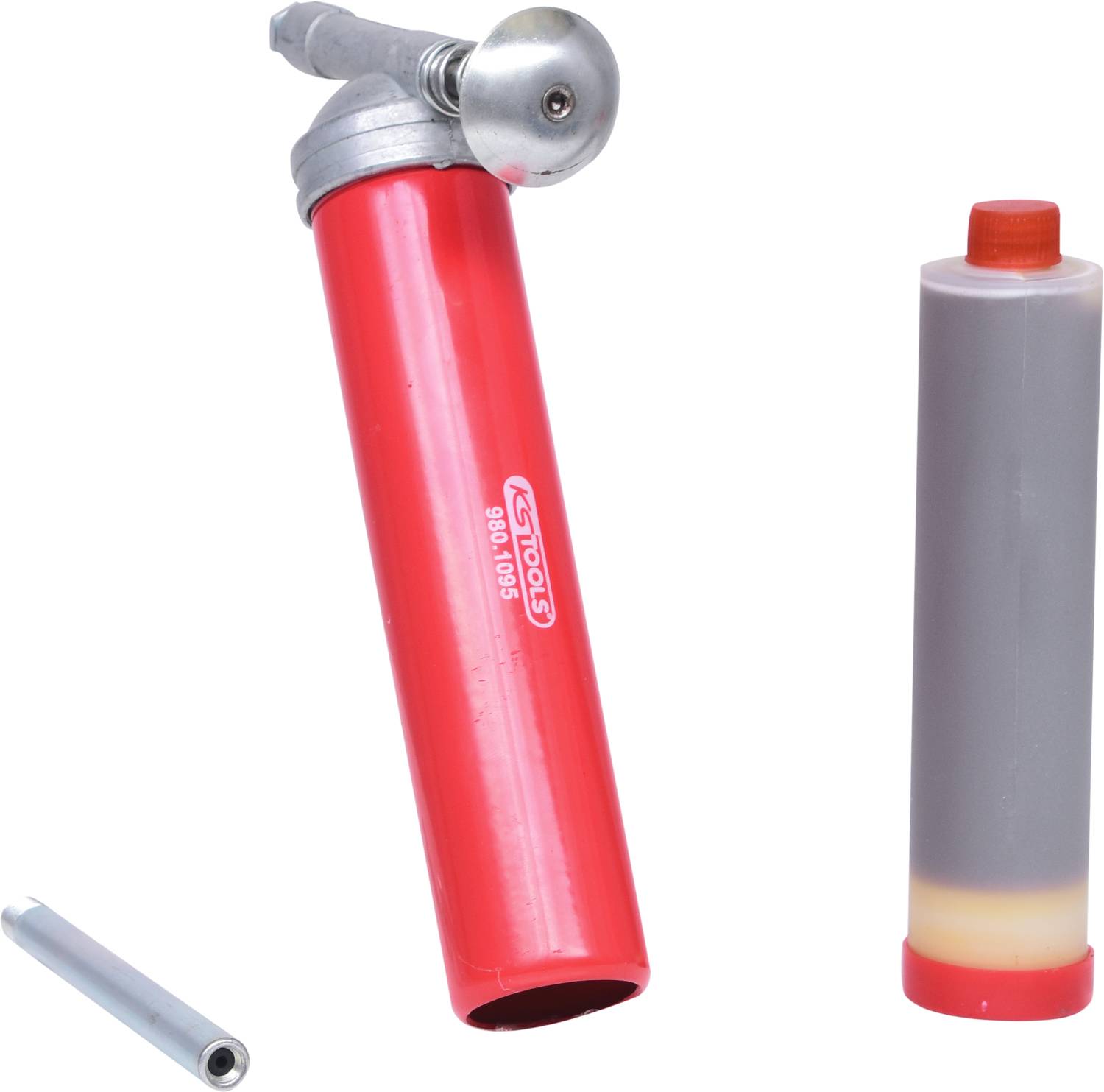 Rote Lötpistole mit Lötpaste und kleiner Metallspitze, verwendet für elektronische Reparaturen oder DIY-Projekte.