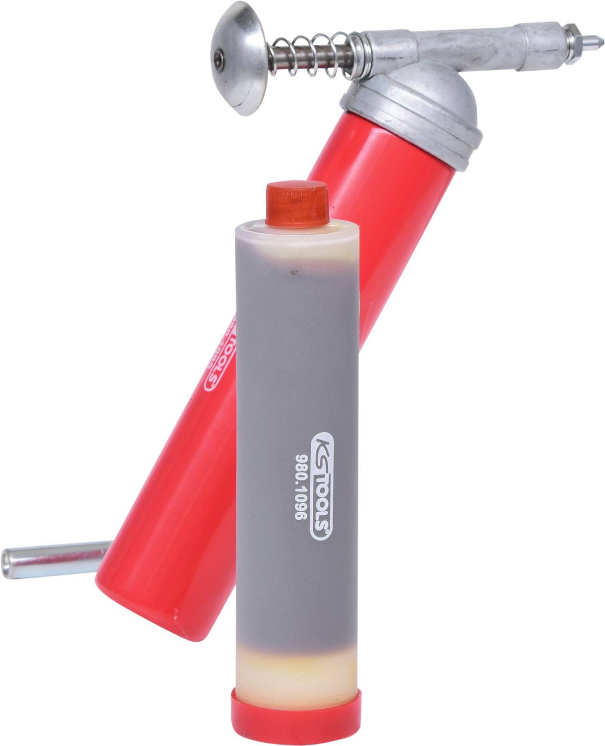 Druckluftpistole mit rotem Gehäuse und grauem Kolbenaufsatz für den Einsatz in Werkstattumgebungen.