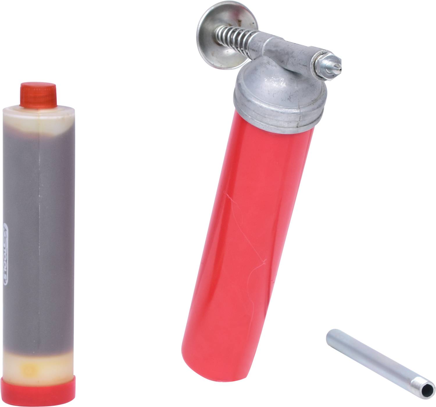 'Manuelle Fettpresse mit roter Hülse, Metallspitze und Hebel, daneben eine Kartusche mit Schmiermittel. Geeignet für Wartungsarbeiten.'