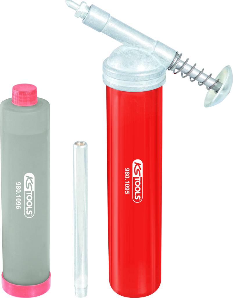 Rote Fettpresse mit silbernem Griff, graue Fettkartusche und silberner Verlängerungsaufsatz.