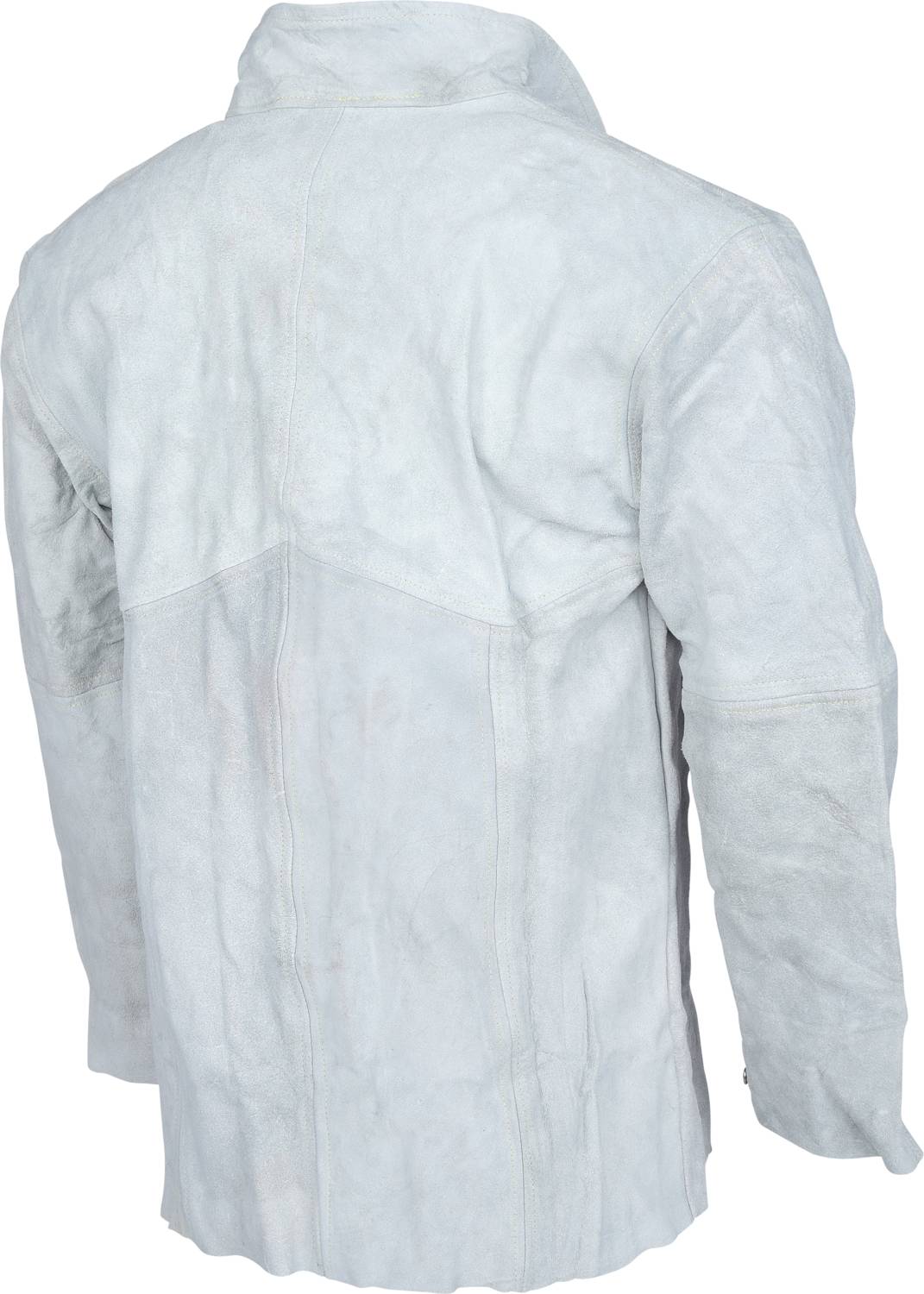 Weiße Lederjacke von hinten, langer Schnitt mit einem Kragen. Die Jacke wirkt robust und ist für kühles Wetter geeignet.