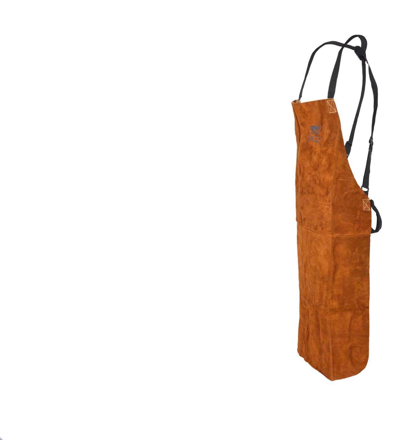 'Dunkelrote Leder-Schürze mit verstellbaren schwarzen Riemen. Schützt den Körper bei handwerklichen Tätigkeiten.'