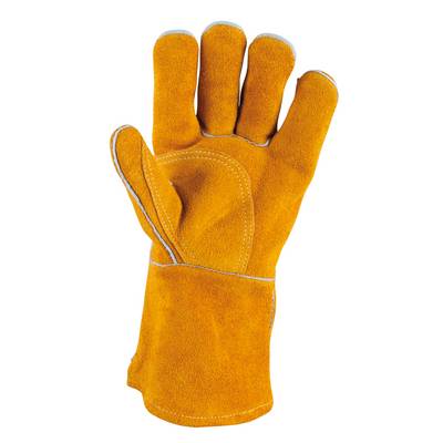 Ein gelber Arbeitshandschuh aus Leder, aufrecht stehend und mit gut sichtbaren Nähten.