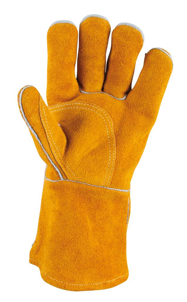 Gelber Schutzhandschuh für Arbeitssicherheit. Robust, mit verstärkten Nähten, geeignet für schwere Arbeiten zum Schutz der Hände.