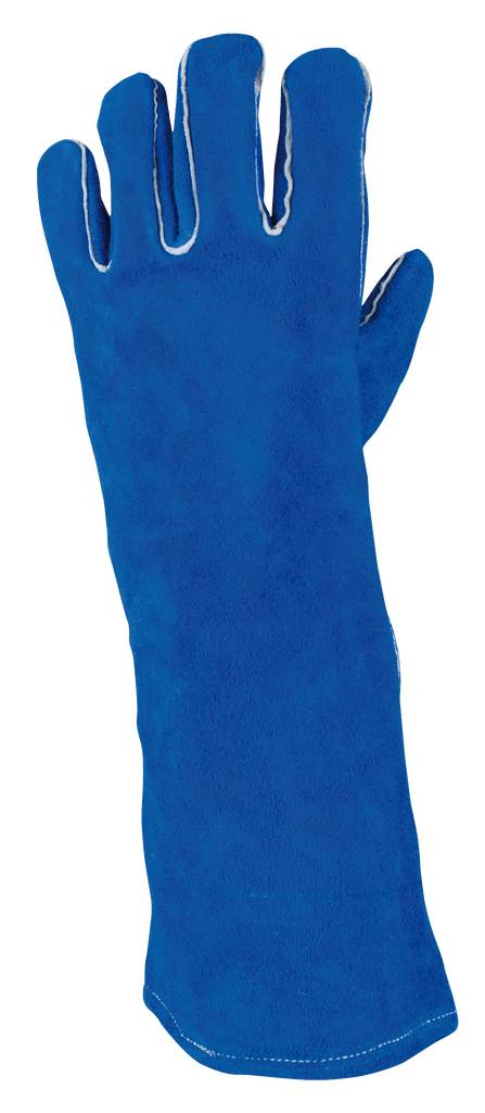 Blauer, hitzebeständiger Schutzhandschuh aus Leder, lang und isolierend, geeignet für den Umgang mit heißen Materialien.